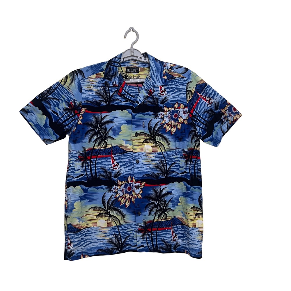 Max Boy International Mens‎ Hawaiian Shirt Tropical Sunset Palm Trees Sailboat L